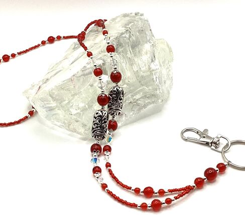 Classic Red and Silver, Beaded Lanyard for, Badge, ID Holder, Keychain, Lanyard for Teacher, Nurse or Office, Teacher Gift, Nurse Gift, 34 inches, Lampwork Beads, Handmade in Saudi Arabia