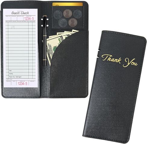 محفظة منظم كتب النادل أو النادلة من الجلد الصناعي الأسود، إيصالات المطعم أو حامل شيك النقود (أسود/8 بوصة × 5 بوصة) in Kuwait