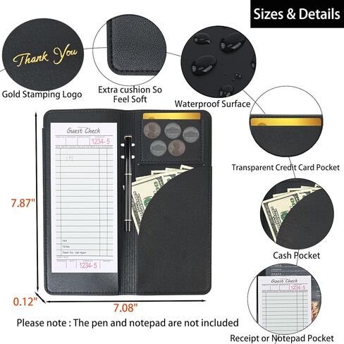 محفظة منظم كتب النادل أو النادلة من الجلد الصناعي الأسود، إيصالات المطعم أو حامل شيك النقود (أسود/8 بوصة × 5 بوصة) in Kuwait
