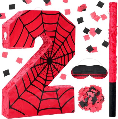 Number 4 Spider Web Piñata Bundle with Blindfold Small Piñata Birthday Party Decoration for Mexican Fiesta Cinco De Mayo Anniversary Celebration Gift, 15.75 x 11 x 2.8 In(Red Blue) in Saudi Arabia