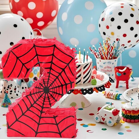 Number 4 Spider Web Piñata Bundle with Blindfold Small Piñata Birthday Party Decoration for Mexican Fiesta Cinco De Mayo Anniversary Celebration Gift, 15.75 x 11 x 2.8 In(Red Blue) in Saudi Arabia