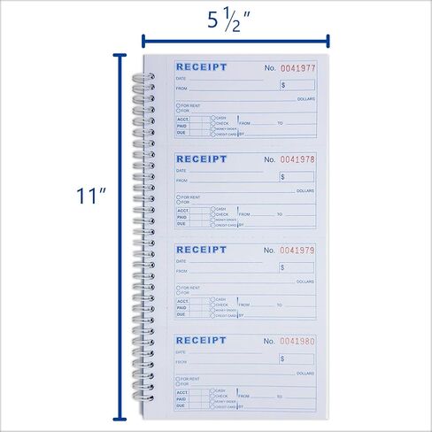 دفتر إيصال الأموال والإيجار المكون من 3 أجزاء من الكربون 5-1/2 "× 11" حلزوني 100 مجموعة لكل كتاب 4 إيصالات لكل صفحة ، دفتر إيصال مع نسخ كربونية (حزمة واحدة) in Kuwait