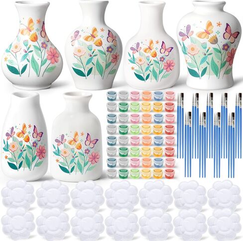 Fuyoooo 6 Sets Paint Your Own Vases Unpainted White Vases Ceramic Painting Kit for Adults with Paint Brushes, Underglaze Paints and Palettes for Birthday Party Activity Gift Art Supplies DIY Craft in Saudi Arabia