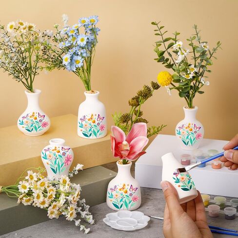 Fuyoooo 6 Sets Paint Your Own Vases Unpainted White Vases Ceramic Painting Kit for Adults with Paint Brushes, Underglaze Paints and Palettes for Birthday Party Activity Gift Art Supplies DIY Craft in Saudi Arabia