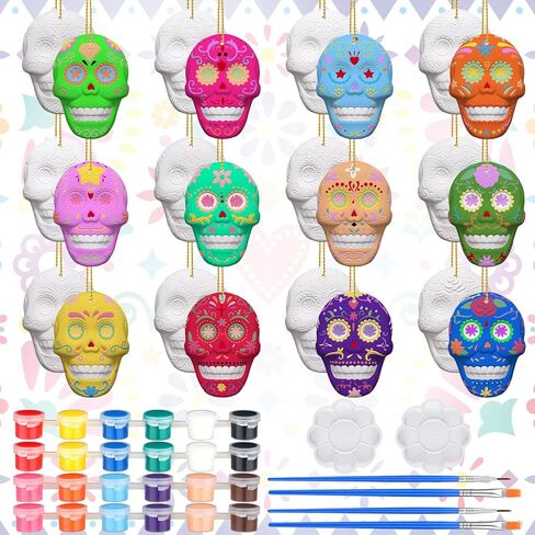 Suzile 24 PCS Day of the Dead Sugar Skull Ceramic لطلاء الحلي من أجل الشجرة معلقة الهالوين غير مصممة DIY طقم الطلاء السيراميك جاهزة لطلاء السيراميك الحرفي in Kuwait