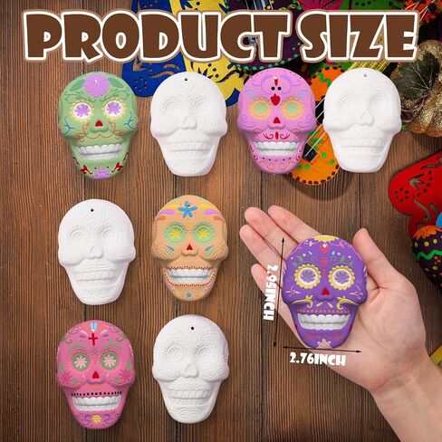 Suzile 24 PCS Day of the Dead Sugar Skull Ceramic لطلاء الحلي من أجل الشجرة معلقة الهالوين غير مصممة DIY طقم الطلاء السيراميك جاهزة لطلاء السيراميك الحرفي in Kuwait
