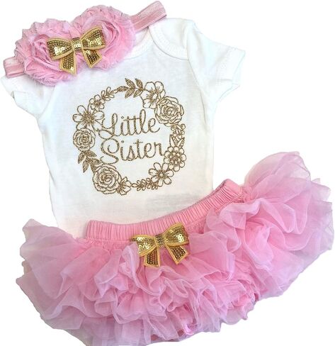 Little Sister Take Home Outfit Dusty Rose Tutu Bloomers and Headband Included Floral Wreath Little Sister Announcement (Newborn Short Sleeve, Dusty Rose + Gold) in Saudi Arabia