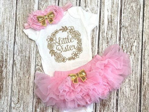 Little Sister Take Home Outfit Dusty Rose Tutu Bloomers and Headband Included Floral Wreath Little Sister Announcement (Newborn Short Sleeve, Dusty Rose + Gold) in Saudi Arabia