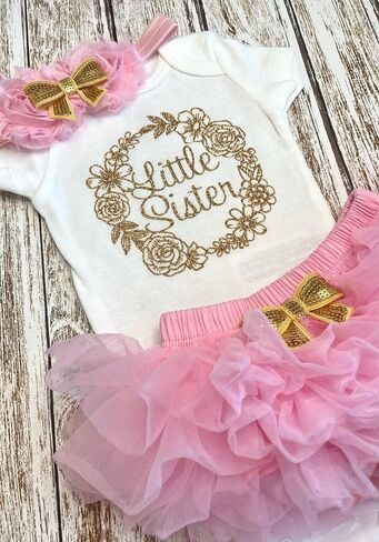 Little Sister Take Home Outfit Dusty Rose Tutu Bloomers and Headband Included Floral Wreath Little Sister Announcement (Newborn Short Sleeve, Dusty Rose + Gold) in Saudi Arabia