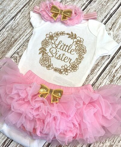 Little Sister Take Home Outfit Dusty Rose Tutu Bloomers and Headband Included Floral Wreath Little Sister Announcement (Newborn Short Sleeve, Dusty Rose + Gold) in Saudi Arabia