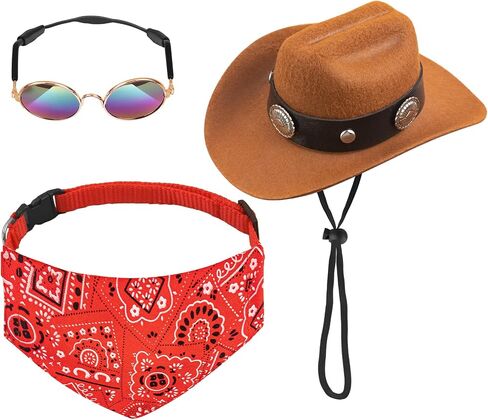 Pet Cowboy Hats Dog Cat Halloween Costumes Cute West Cowboy Hat Bandana Festival Cosplay Accessories (Brown + Red) in Saudi Arabia