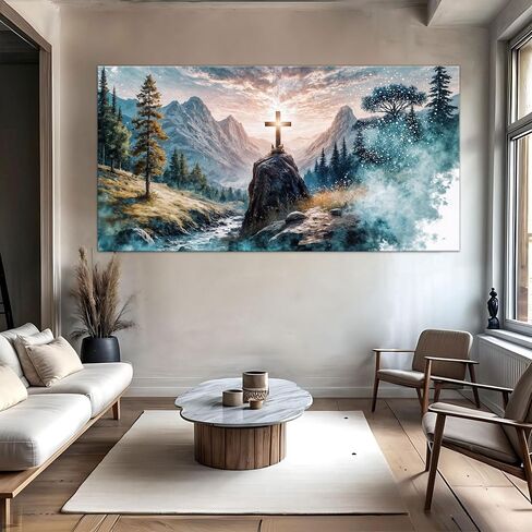 Tailored Canvases Cross on a Hill Faith Wall Art Jesus Mountain Decor Christian Canvas Artwork Modern Hanging Spiritual Religious Decoration for Living Room Bedroom Church 10x20 in Kuwait