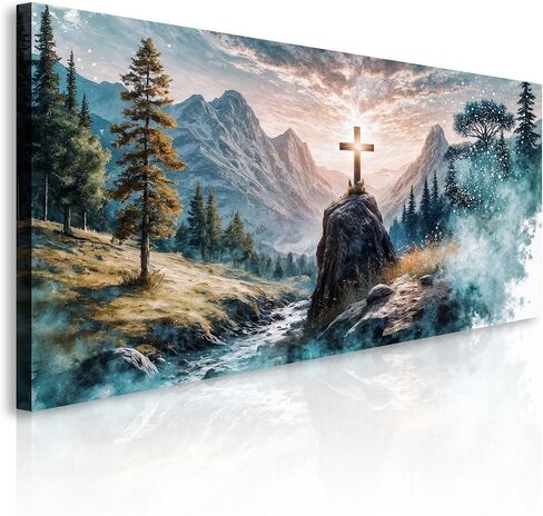 Tailored Canvases Cross on a Hill Faith Wall Art Jesus Mountain Decor Christian Canvas Artwork Modern Hanging Spiritual Religious Decoration for Living Room Bedroom Church 10x20 in Kuwait