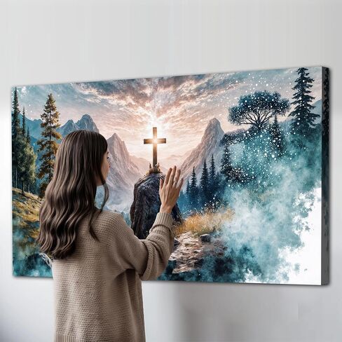 Tailored Canvases Cross on a Hill Faith Wall Art Jesus Mountain Decor Christian Canvas Artwork Modern Hanging Spiritual Religious Decoration for Living Room Bedroom Church 10x20 in Kuwait