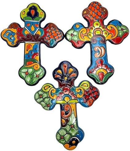 Talavera Cross Sculpture Folk Art Multicolor Mexican Pottery Home Decor Hand Painted Handmade Indoor Outdoor 12" (Multi 18) in Saudi Arabia