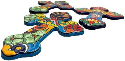 Talavera Cross Sculpture Folk Art Multicolor Mexican Pottery Home Decor Hand Painted Handmade Indoor Outdoor 12" (Multi 18) in Saudi Arabia
