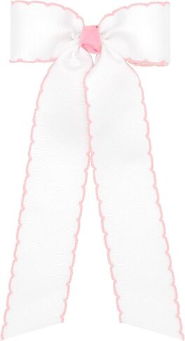 Wee Ones Girls' Medium Moonstitch Grosgrain Bowtie with Moonstitch trim, Knot Wrap and 9" streamer tails, White with Red Stitching in Kuwait