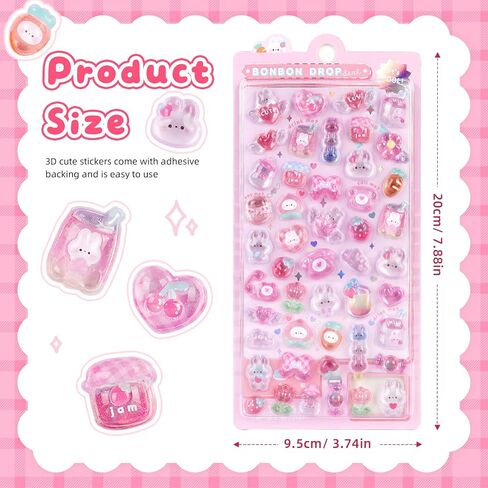 3D Cute Stickers Cartoon Pink Rabbit Puff Stickers Kawaii Mini Puffy 3D Reusable Tiny Patch for Scrapbooks Planner Journals Laptops Phone Case Decoration in Saudi Arabia