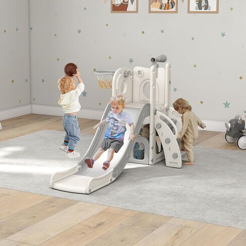 9 in 1 Indoor Slide for Toddler - Freestanding Baby Slide, Playground Kids Slider, Toddler Playset with Climber Slider, Basketball Hoop, Telescope, Storage Area and Tunnel, Bus (Green & Yellow) in Kuwait