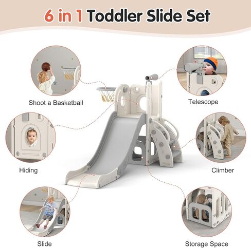 9 in 1 Indoor Slide for Toddler - Freestanding Baby Slide, Playground Kids Slider, Toddler Playset with Climber Slider, Basketball Hoop, Telescope, Storage Area and Tunnel, Bus (Green & Yellow) in Kuwait