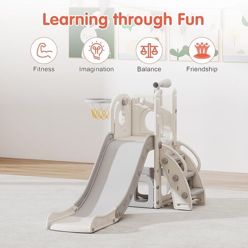 9 in 1 Indoor Slide for Toddler - Freestanding Baby Slide, Playground Kids Slider, Toddler Playset with Climber Slider, Basketball Hoop, Telescope, Storage Area and Tunnel, Bus (Green & Yellow) in Kuwait