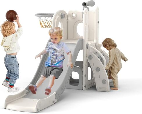 9 in 1 Indoor Slide for Toddler - Freestanding Baby Slide, Playground Kids Slider, Toddler Playset with Climber Slider, Basketball Hoop, Telescope, Storage Area and Tunnel, Bus (Green & Yellow) in Kuwait