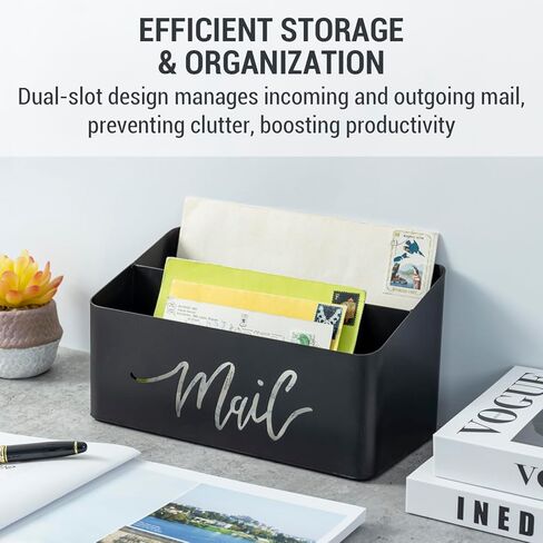 MyGift 2 Slot Modern Matte Black Metal Desktop Mail Sorter with Cutout Script Lettering, Office Desk or Home Entryway Table Incoming Outgoing Letter Holder in Saudi Arabia