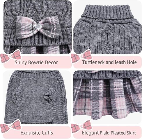 WOYYHO Dog Sweater for Small Dogs Girl Dress with Bowtie Dog Christmas Stweater Pleated Skirt with Leash Hole Winter Dogs Clothes Outfit for Puppy Chihuahua Yorkies Danchshunds Pink Leopard M in Kuwait