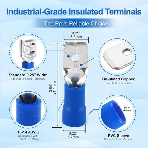 Baomain Male Quick disconnects Vinyl Insulated Spade Wire Connector Electrical Crimp Terminal 16-14AWG 6.3mm Blue MDD 2-250 Pack of 100 in Saudi Arabia