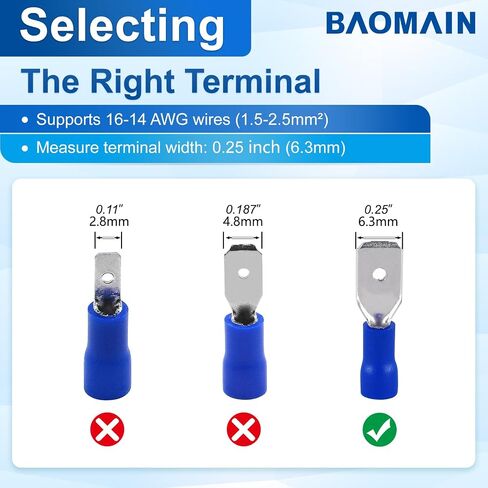 Baomain Male Quick disconnects Vinyl Insulated Spade Wire Connector Electrical Crimp Terminal 16-14AWG 6.3mm Blue MDD 2-250 Pack of 100 in Saudi Arabia