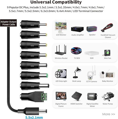 Tonton 12V 2A 6Ft Power Supply Adapter, 24W Universal Charger AC 100-240V with 8Tips to 12Volt DC Plug 2A 1.8A 1.5A 1.2A 1A 0.5A UL/CE/FCC Certified for LED, Router, Security Camera, Keyboard, Scanner in Saudi Arabia