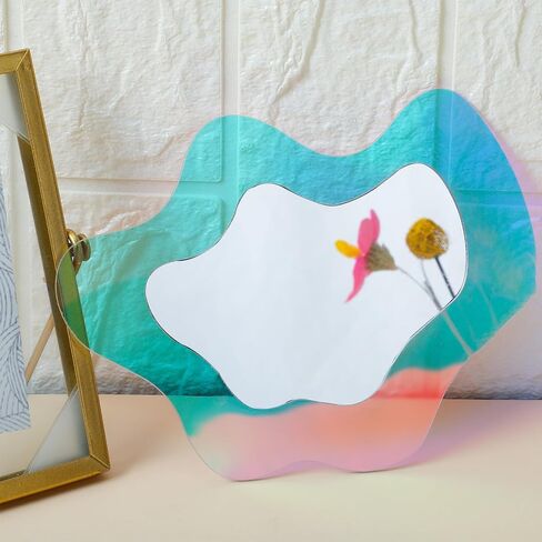 6.6 x 5.5 Inch Iridescent Magnetic Locker Mirror Wavy Acrylic Rainbow Mirror Irregular Odd Shaped Mirror Vanity Holographic Wavy Mirror for Locker Refrigerator Bedroom Home Decor in Saudi Arabia