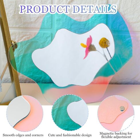 6.6 x 5.5 Inch Iridescent Magnetic Locker Mirror Wavy Acrylic Rainbow Mirror Irregular Odd Shaped Mirror Vanity Holographic Wavy Mirror for Locker Refrigerator Bedroom Home Decor in Saudi Arabia