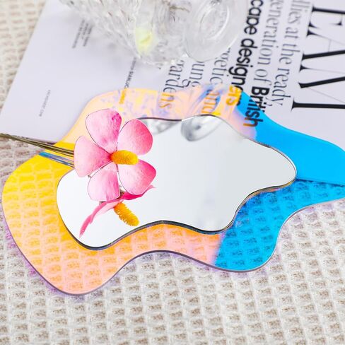 6.6 x 5.5 Inch Iridescent Magnetic Locker Mirror Wavy Acrylic Rainbow Mirror Irregular Odd Shaped Mirror Vanity Holographic Wavy Mirror for Locker Refrigerator Bedroom Home Decor in Saudi Arabia