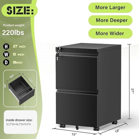 Incbruce 2 Surber Locking File Mobile Cabinet على عجلات ، تخزين معدني شاق للمعادن للملفات القانونية/الحروف/A4 ، التجميع السهل (الأسود) in Kuwait