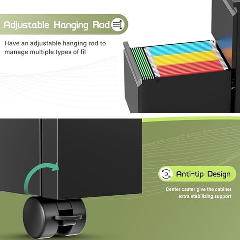 Incbruce 2 Surber Locking File Mobile Cabinet على عجلات ، تخزين معدني شاق للمعادن للملفات القانونية/الحروف/A4 ، التجميع السهل (الأسود) in Kuwait