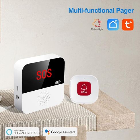 WiFi Pager, Caregiver Pagers Life Alert Systems for Seniors no Monthly Fee, 1 Receiver and 1 SOS Panic Button & 1 Watch Pager, Compatible with Tuya Smart/Smart Life APP in Saudi Arabia