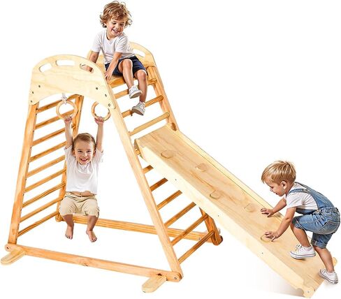 VEVOR Indoor Playground Jungle Gym, 9-in-1 Montessori Climbing Toys for Toddlers, 250LBS Wooden Indoor Playground Playset with Monkey Bar, Swings, Slide, Rope/Wooden Ladder, Climbing Net, Bar & Rock in Kuwait