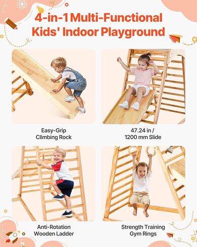 VEVOR Indoor Playground Jungle Gym, 9-in-1 Montessori Climbing Toys for Toddlers, 250LBS Wooden Indoor Playground Playset with Monkey Bar, Swings, Slide, Rope/Wooden Ladder, Climbing Net, Bar & Rock in Kuwait