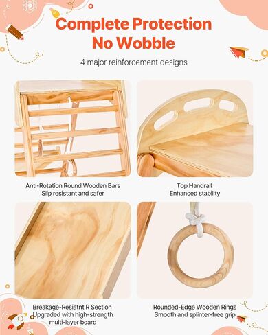 VEVOR Indoor Playground Jungle Gym, 9-in-1 Montessori Climbing Toys for Toddlers, 250LBS Wooden Indoor Playground Playset with Monkey Bar, Swings, Slide, Rope/Wooden Ladder, Climbing Net, Bar & Rock in Kuwait
