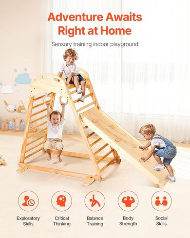 VEVOR Indoor Playground Jungle Gym, 9-in-1 Montessori Climbing Toys for Toddlers, 250LBS Wooden Indoor Playground Playset with Monkey Bar, Swings, Slide, Rope/Wooden Ladder, Climbing Net, Bar & Rock in Kuwait