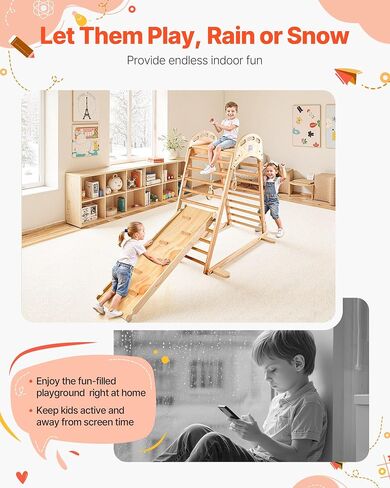 VEVOR Indoor Playground Jungle Gym, 9-in-1 Montessori Climbing Toys for Toddlers, 250LBS Wooden Indoor Playground Playset with Monkey Bar, Swings, Slide, Rope/Wooden Ladder, Climbing Net, Bar & Rock in Kuwait