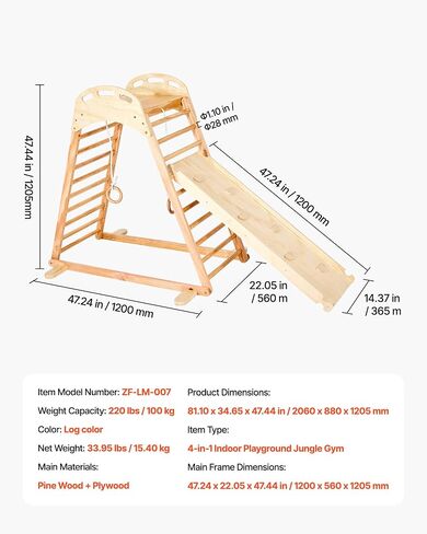 VEVOR Indoor Playground Jungle Gym, 9-in-1 Montessori Climbing Toys for Toddlers, 250LBS Wooden Indoor Playground Playset with Monkey Bar, Swings, Slide, Rope/Wooden Ladder, Climbing Net, Bar & Rock in Kuwait