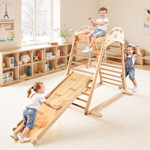 VEVOR Indoor Playground Jungle Gym, 9-in-1 Montessori Climbing Toys for Toddlers, 250LBS Wooden Indoor Playground Playset with Monkey Bar, Swings, Slide, Rope/Wooden Ladder, Climbing Net, Bar & Rock in Kuwait