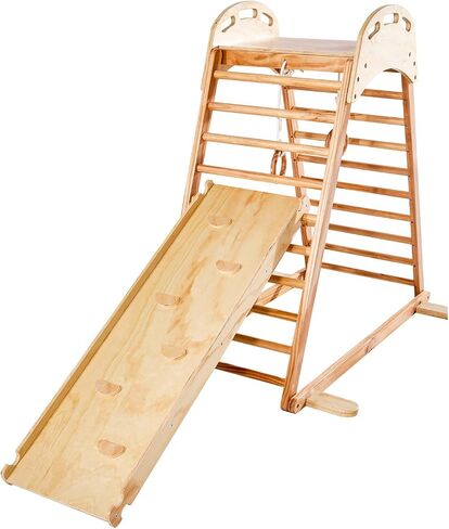 VEVOR Indoor Playground Jungle Gym, 9-in-1 Montessori Climbing Toys for Toddlers, 250LBS Wooden Indoor Playground Playset with Monkey Bar, Swings, Slide, Rope/Wooden Ladder, Climbing Net, Bar & Rock in Kuwait