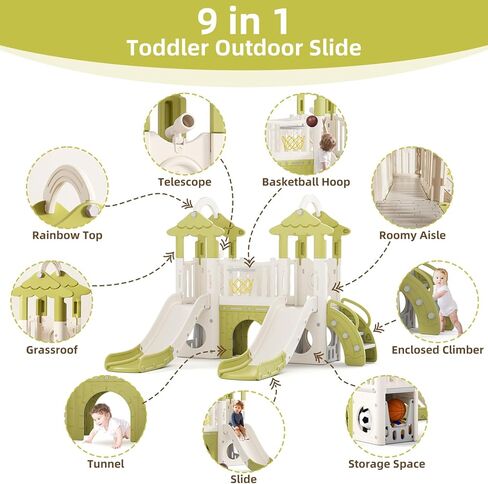 شريحة أطفال Korimefa 9-in-1 ، شريحة Kid للأطفال الصغار من 1 إلى 3 ، وطوق كرة السلة ، والتلسكوب ، وملعب طفل صغير في الخارج ، والبني تحت عنوان الغابات ، و Fe-St-Sww0308 in Kuwait