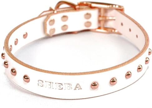 Handmade Personalized Studded Bridle Leather Dog Collar, Copper/Rose Gold Tone Buckle (White) in Kuwait