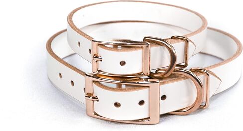 Handmade Personalized Studded Bridle Leather Dog Collar, Copper/Rose Gold Tone Buckle (White) in Kuwait
