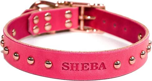 Handmade Personalized Studded Bridle Leather Dog Collar, Copper/Rose Gold Tone Buckle (White) in Kuwait