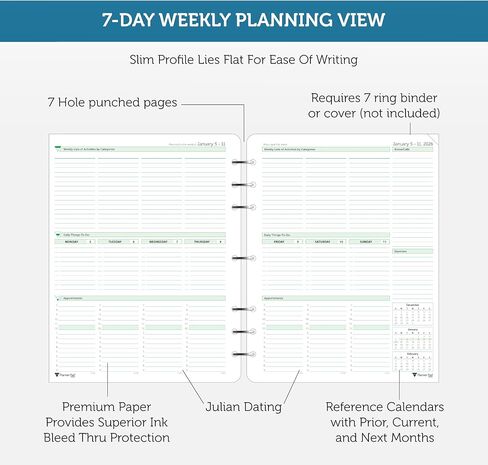 Planner Pad 7 Hole Loose Leaf July 2026 – June 2027 / Academic Year 8 1/2" x 11" 3-Tier Funnel Down 12 Month Large Size Organizer, Soft Green Ink in Saudi Arabia